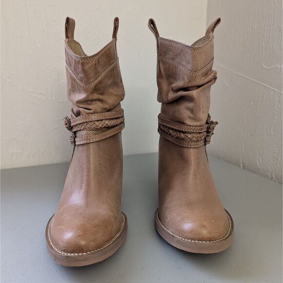 Steve Madden Women's Leather Western Boots size 8 Block Heel Tan Slouch Pull On - Picture 2 of 9
